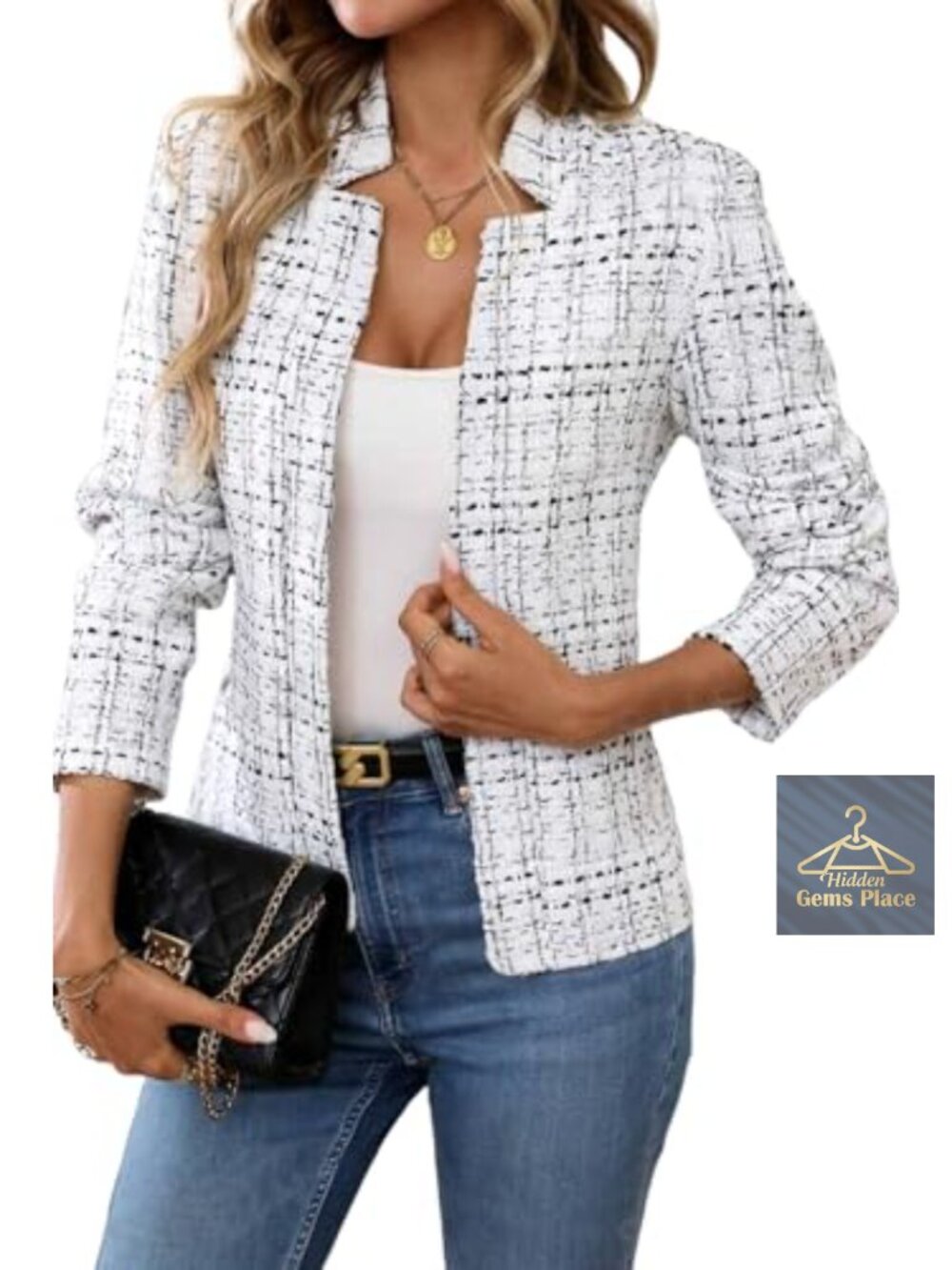 Women's Tweed Open Front Blazer Slim Fit Notch Collar Long Sleeve Professional
